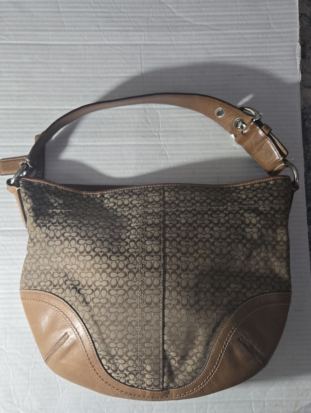 Coach Brown Signature Canvas Shoulder Bag with Tan Leather Trim